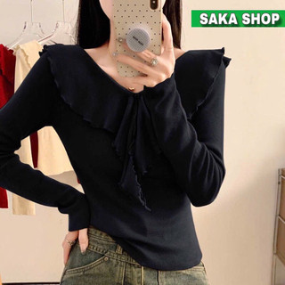 Áo thun dài tay nữ ôm body cổ V phối bèo cuốn biên thun mịn