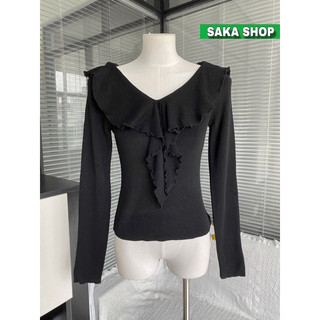 Áo thun dài tay nữ ôm body cổ V phối bèo cuốn biên thun mịn