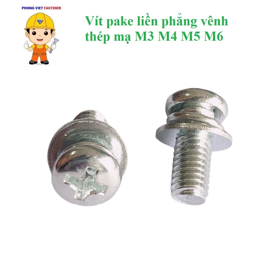 ( Thép mạ)50 cái M3, M4, M5, M6 Vít pake liền long đen, vít liền phẳng vênh thép mạ M3-M6