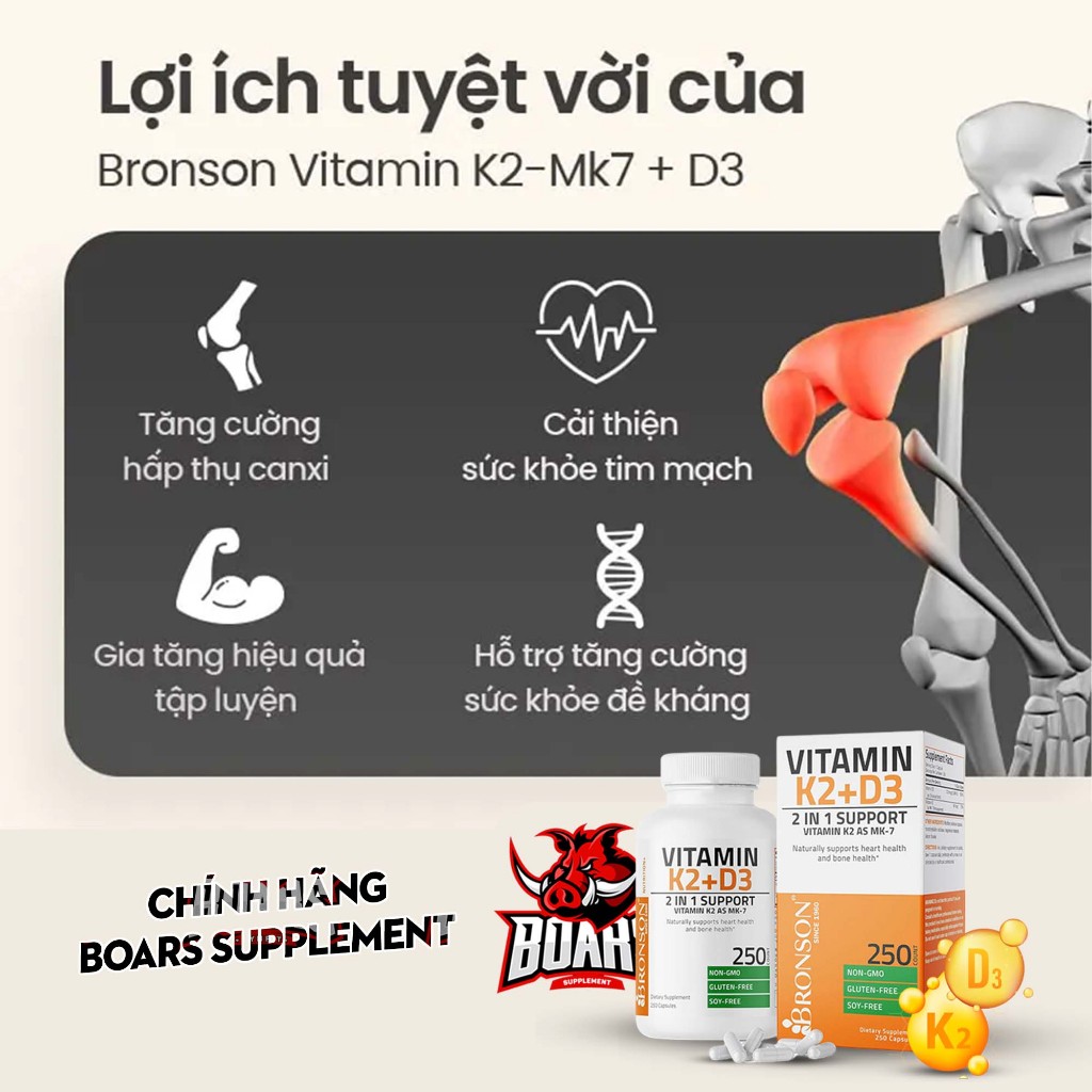 VITAMIN D3 K2 MK7 BRONSON HỖ TRỢ GIÚP XƯƠNG CHẮC KHỎE, TĂNG HÓC MÔN, ĐỀ KHÁNG, PHÁT TRIỂN CƠ BẮP