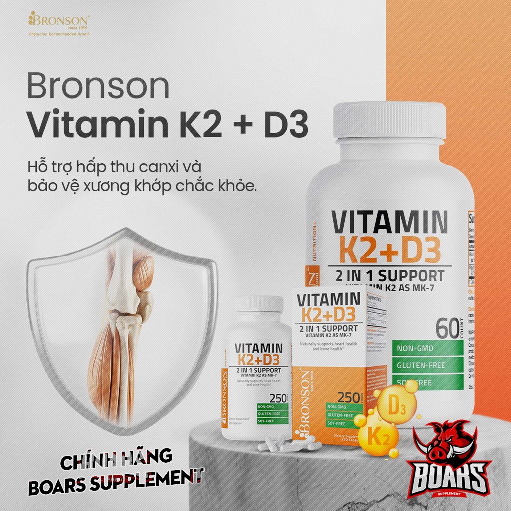 VITAMIN D3 K2 MK7 BRONSON HỖ TRỢ GIÚP XƯƠNG CHẮC KHỎE, TĂNG HÓC MÔN, ĐỀ KHÁNG, PHÁT TRIỂN CƠ BẮP