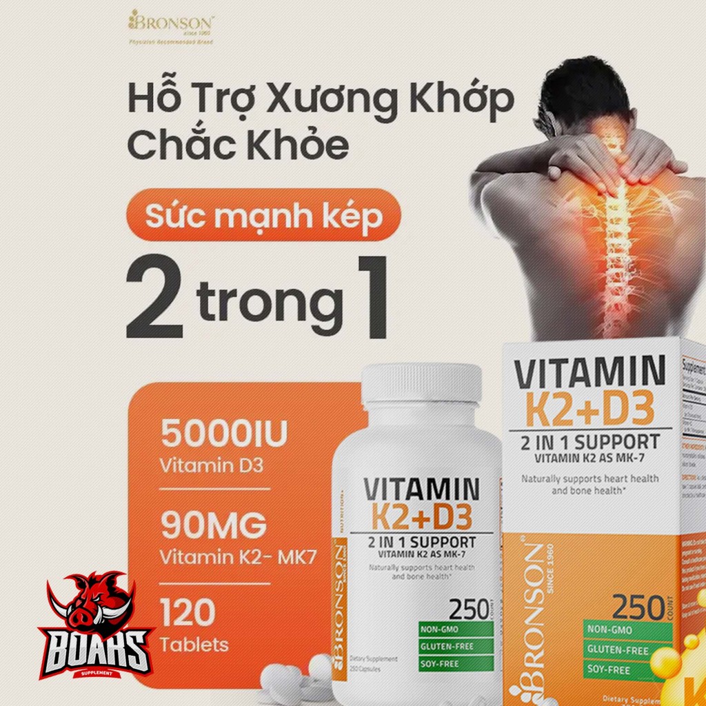 VITAMIN D3 K2 MK7 BRONSON HỖ TRỢ GIÚP XƯƠNG CHẮC KHỎE, TĂNG HÓC MÔN, ĐỀ KHÁNG, PHÁT TRIỂN CƠ BẮP