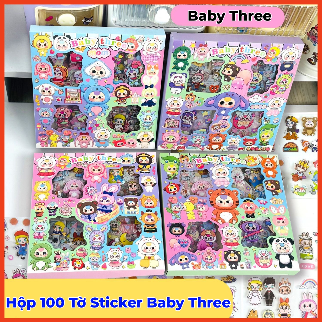 Hộp 100 tấm sticker baby three cute dễ thương trang trí dán tập vở ...