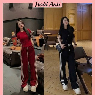 Set Bộ Thun Trơn Phối Sọc Áo Body Zip Tôn Dáng Mix Quần Suông Dáng Rộng Kẻ Sọc Viền Freesize