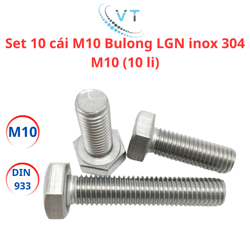 Set 10 cái M10 Bulong lục giác ngoài inox 304 M10 (10 li)