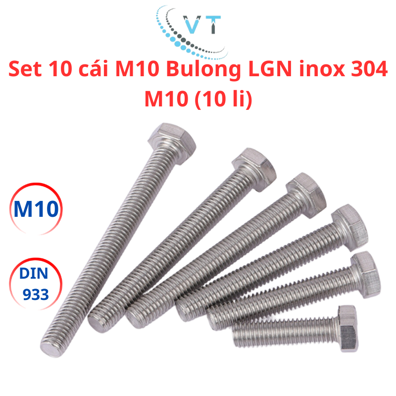 Set 10 cái M10 Bulong lục giác ngoài inox 304 M10 (10 li)