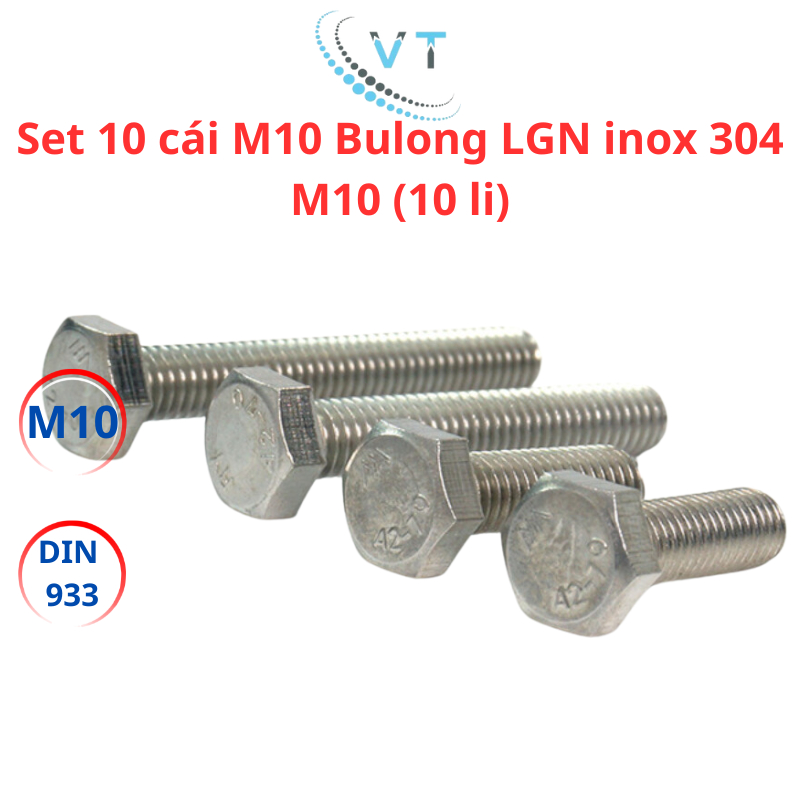 Set 10 cái M10 Bulong lục giác ngoài inox 304 M10 (10 li)