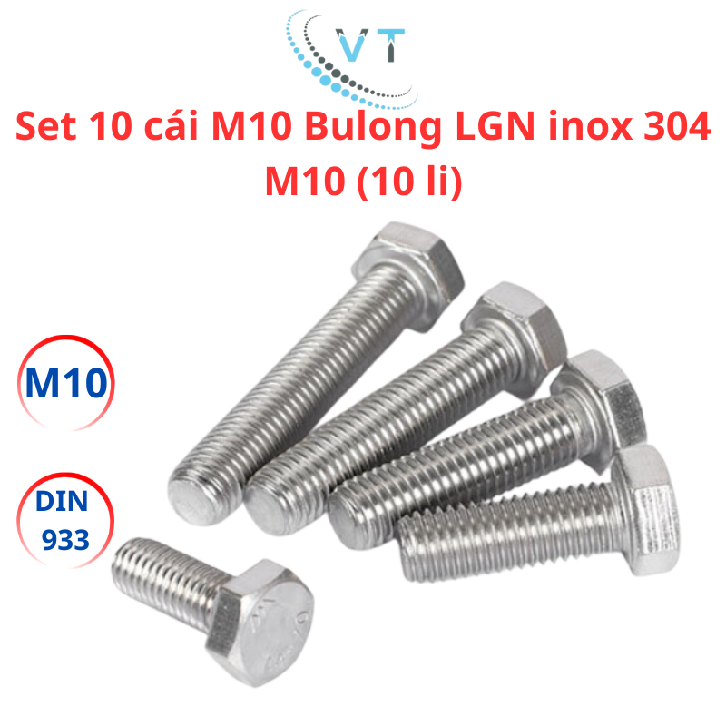 [Set 10 Bộ] Bulong M10 Inox 304 (10 Ly) Kèm Tán (Ê Cu) - Đủ Size 20mm Đến 200mm Chống Gỉ Sét Cao Cấp