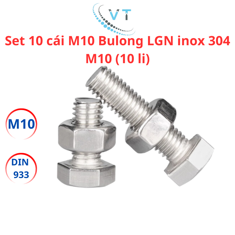 [Set 10 Bộ] Bulong M10 Inox 304 (10 Ly) Kèm Tán (Ê Cu) - Đủ Size 20mm Đến 200mm Chống Gỉ Sét Cao Cấp