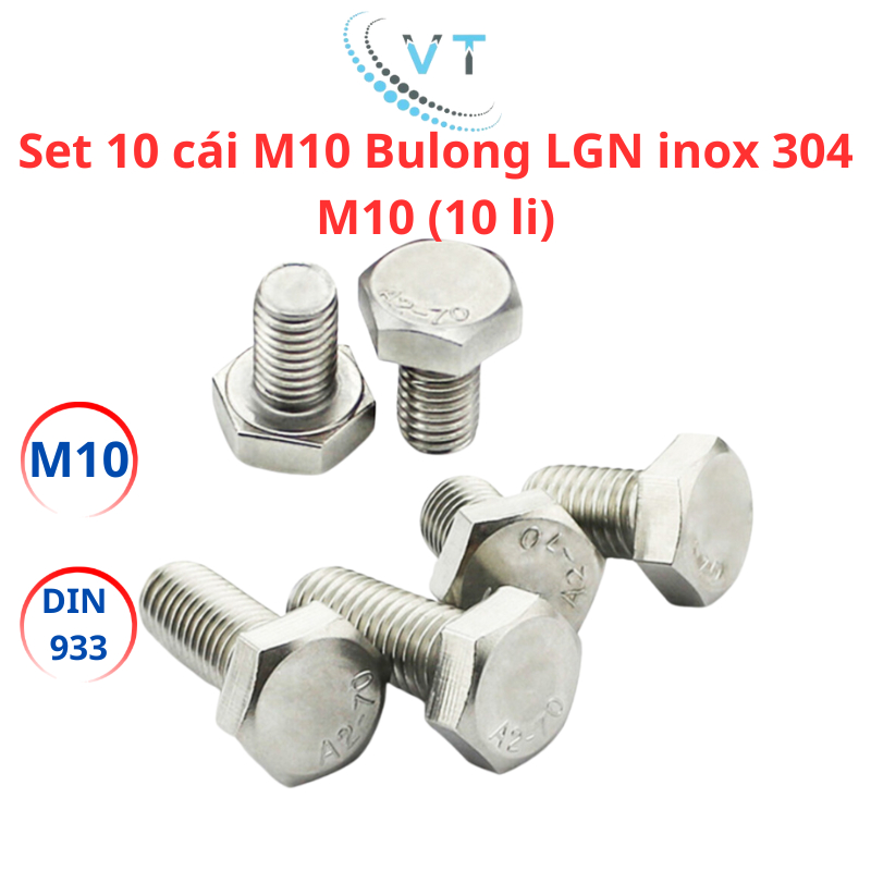 [Set 10 Bộ] Bulong M10 Inox 304 (10 Ly) Kèm Tán (Ê Cu) - Đủ Size 20mm Đến 200mm Chống Gỉ Sét Cao Cấp