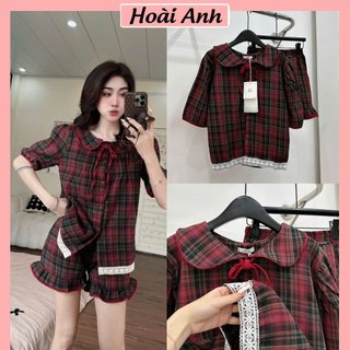 Set Bộ Đồ Pyjama Đồ Ngủ Nữ Kẻ Caro Đỏ Áo Ngắn Tay Cổ Sen Dây Nơ Viền Gấu Ren Mix Quần Sooc Đùi Viền Bèo