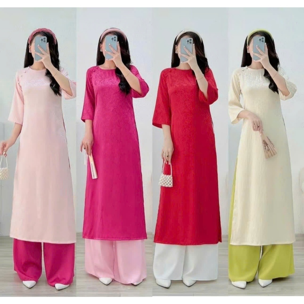 Áo dài dáng suông cách tân đủ màu, chất gấm tơ tằm, cổ tròn phối cúc bọc - áo dài truyền thống lụa gấm 2 tà