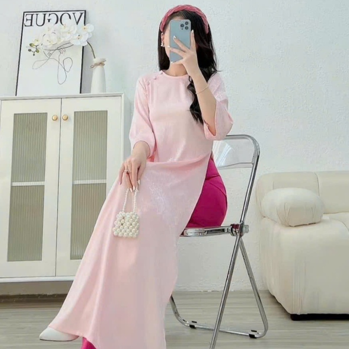 Áo dài dáng suông cách tân đủ màu, chất gấm tơ tằm, cổ tròn phối cúc bọc - áo dài truyền thống lụa gấm 2 tà