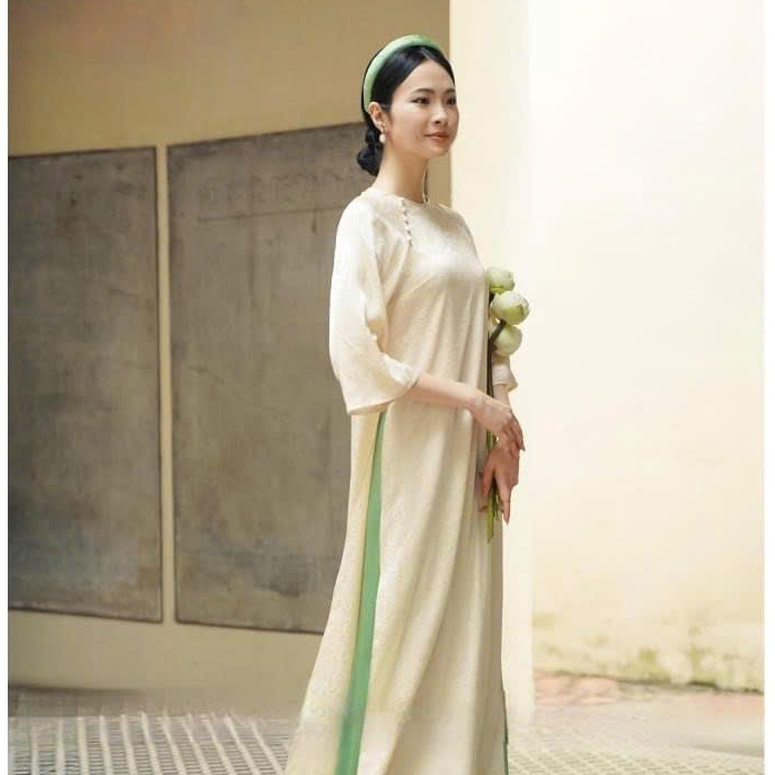 Áo dài dáng suông cách tân đủ màu, chất gấm tơ tằm, cổ tròn phối cúc bọc - áo dài truyền thống lụa gấm 2 tà