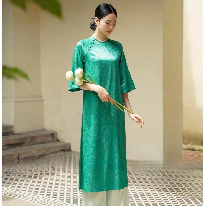 Áo dài dáng suông cách tân đủ màu, chất gấm tơ tằm, cổ tròn phối cúc bọc - áo dài truyền thống lụa gấm 2 tà