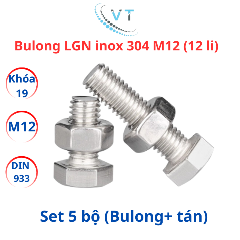 Combo 5 bộ (bulong + tán) inox 304 M12 - 12 li dài từ 20mm - 200mm, chống ăn mòn