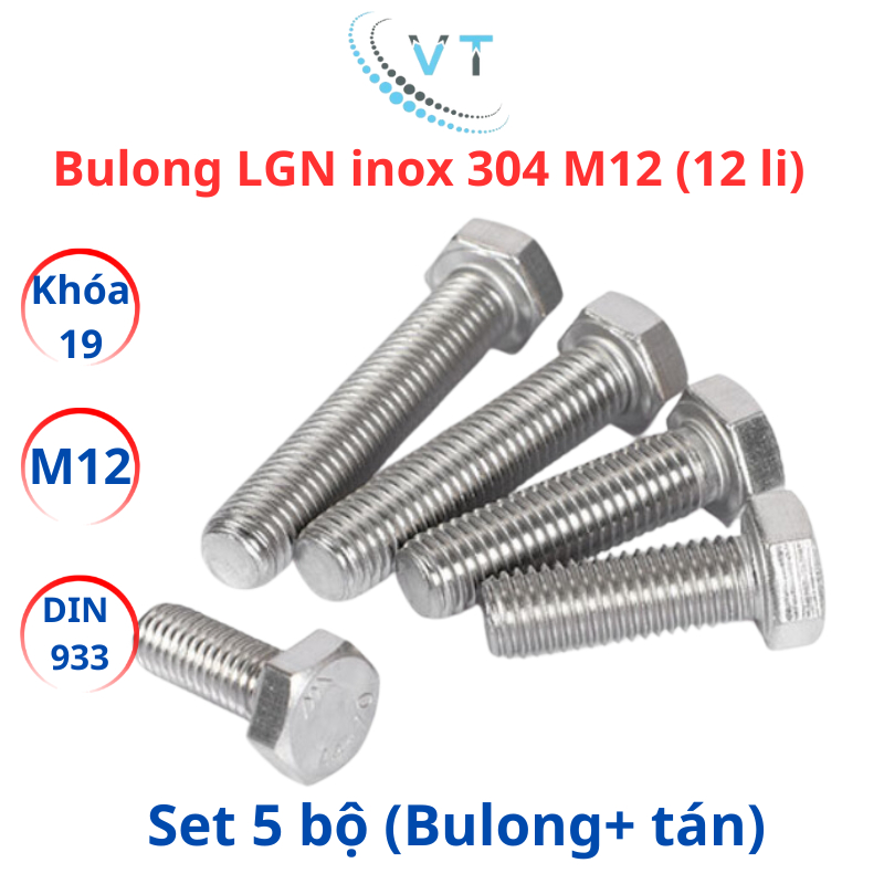 Combo 5 bộ (bulong + tán) inox 304 M12 - 12 li dài từ 20mm - 200mm, chống ăn mòn