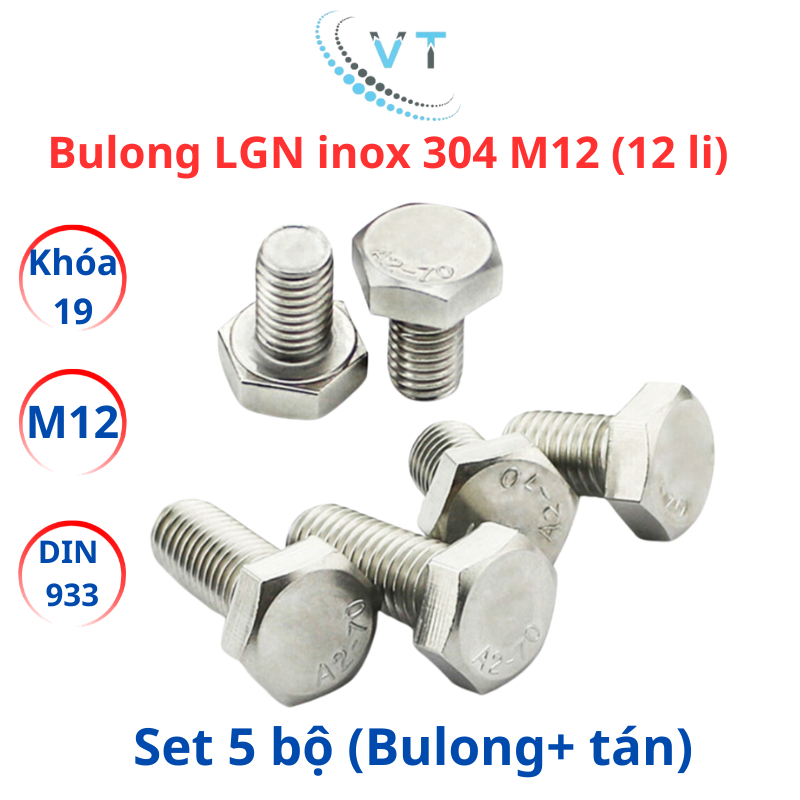Combo 5 bộ (bulong + tán) inox 304 M12 - 12 li dài từ 20mm - 200mm, chống ăn mòn
