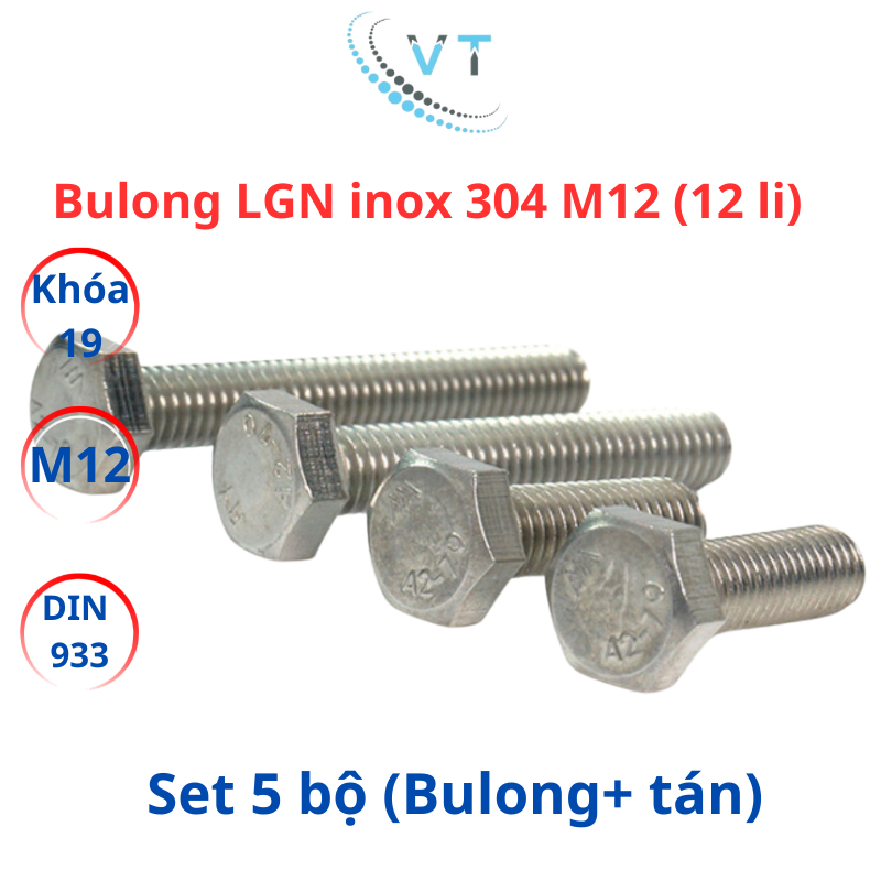 Combo 5 bộ (bulong + tán) inox 304 M12 - 12 li dài từ 20mm - 200mm, chống ăn mòn