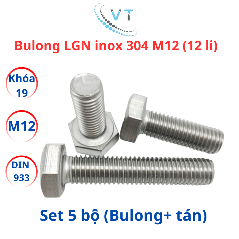 Combo 5 bộ (bulong + tán) inox 304 M12 - 12 li dài từ 20mm - 200mm, chống ăn mòn