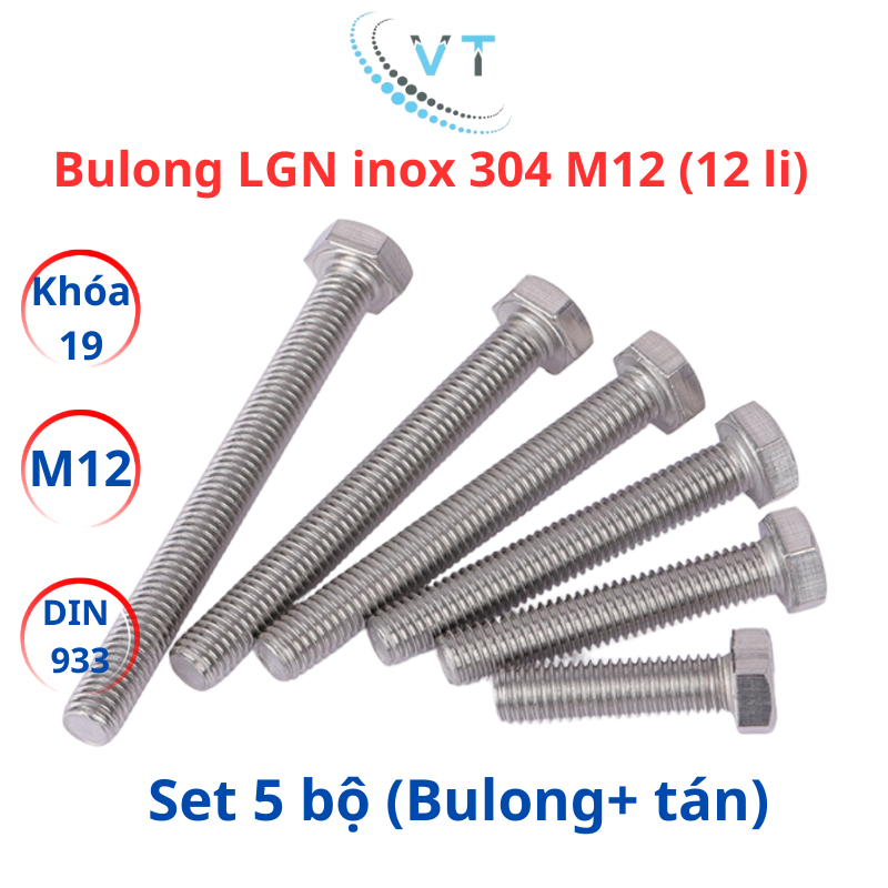 Combo 5 bộ (bulong + tán) inox 304 M12 - 12 li dài từ 20mm - 200mm, chống ăn mòn
