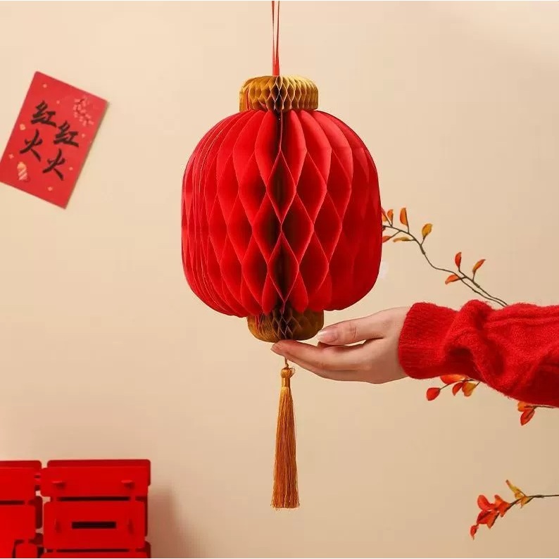 Đèn lồng tổ ong giấy đỏ cao cấp kèm tua rua sang trọng trang trí năm mới, tết nguyên đán, đám cưới - K76