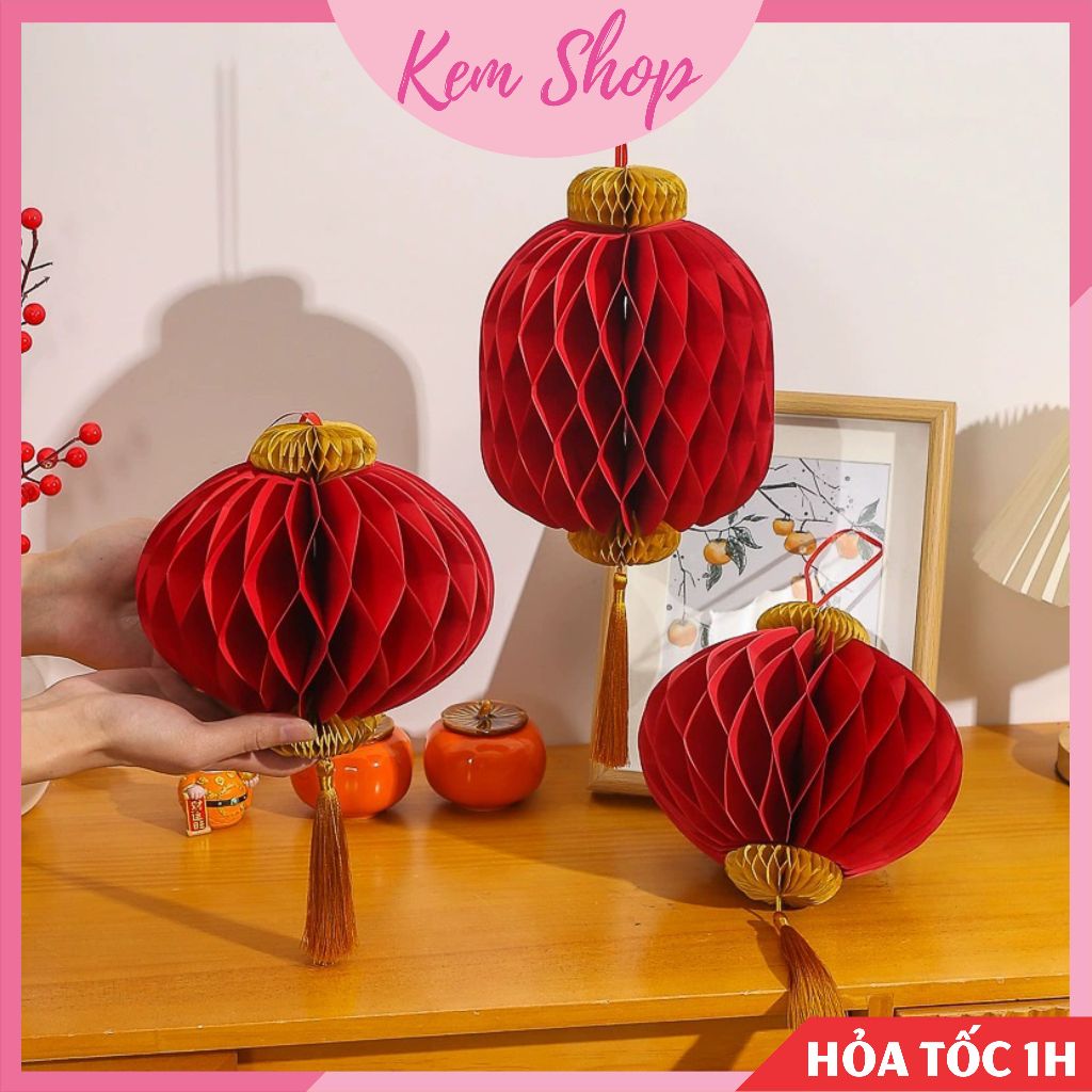 Đèn lồng tổ ong giấy đỏ cao cấp kèm tua rua sang trọng trang trí năm mới, tết nguyên đán, đám cưới - K76