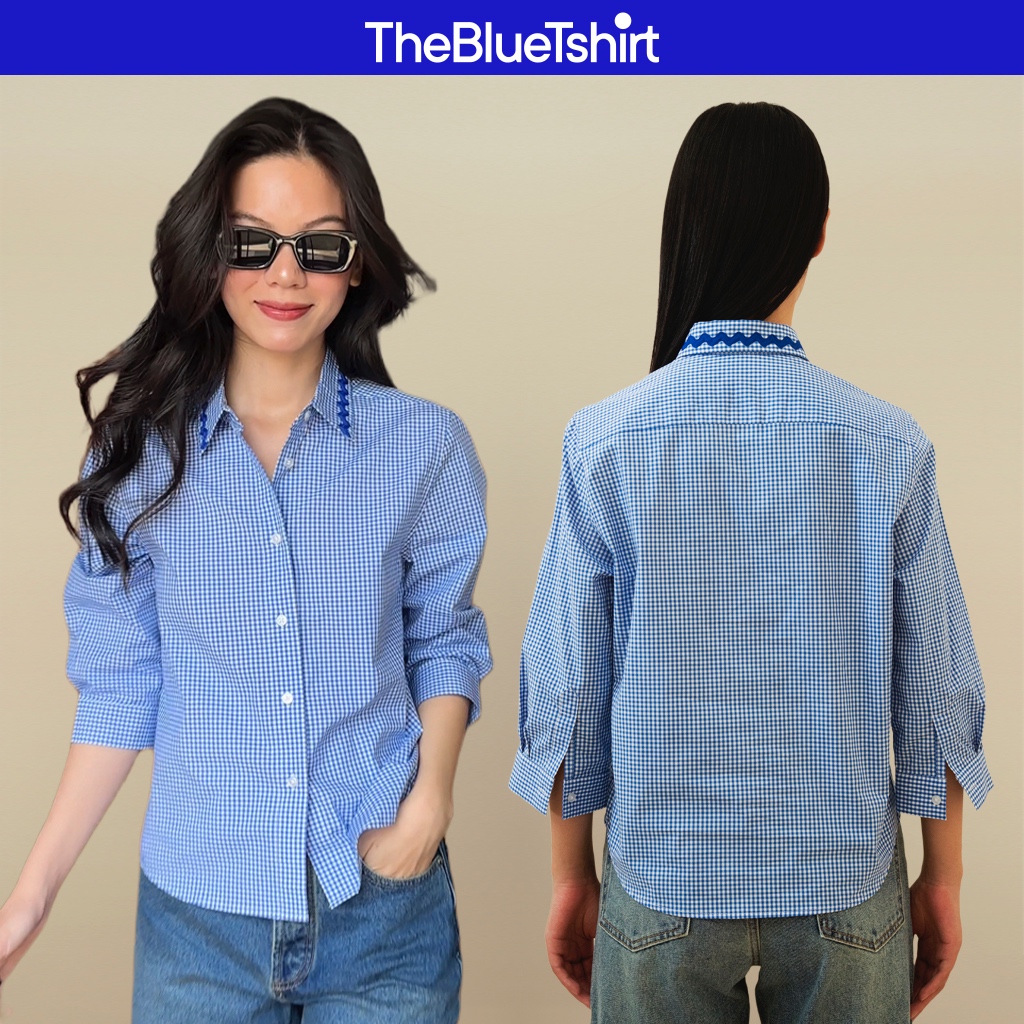 TheBlueTshirt - Áo sơ mi kẻ sọc caro tay lửng phồng nhẹ cổ viền zigzag lace cho nữ - Checked Treasure Shirt - Women