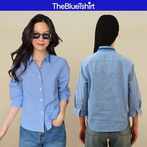 TheBlueTshirt - Áo sơ mi kẻ sọc caro tay lửng phồng nhẹ cổ viền zigzag lace cho nữ - Checked Treasure Shirt - Women