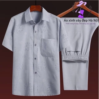 Bộ đồ trung niên nam [QÙA TẶNG BỐ], Bộ trung niên nam chất đũi hoạ tiết thoáng mát, sang trọng, Quần chun dễ mặc