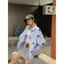 M.H STYLE ORDER Áo sơ mi màu xanh in hình tình yêu nữ mùa xuân 2025 mới rộng rãi giảm béo vừa và dài kem chống nắng