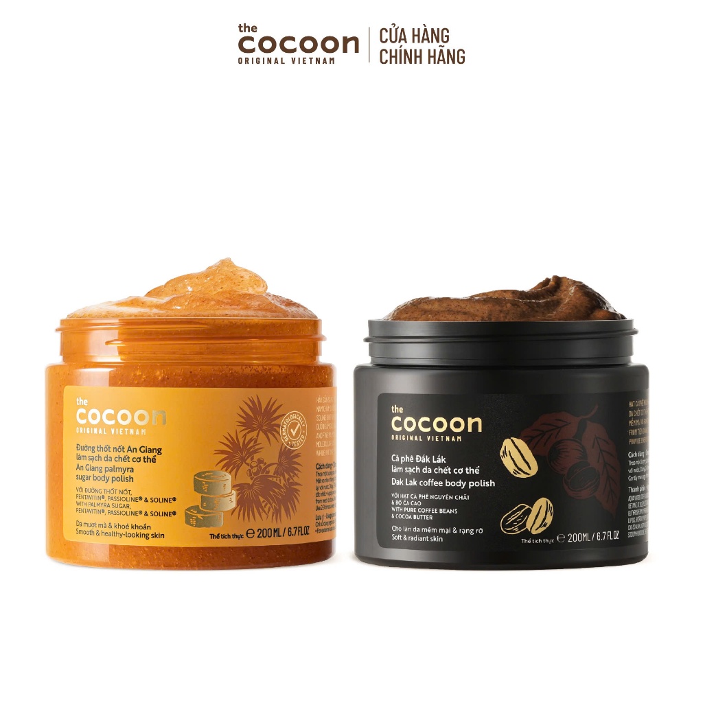 [MUA 2 GIẢM 36%] Combo tẩy da chết cơ thể cà phê Đắk Lắk 200ml & đường thốt nốt An Giang Cocoon 200ml
