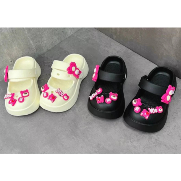 sandal bé gái sục đế xuồng cho bé gấu dâu 3 phân có quai QC mẹ bé đen trăng hông tím  đi mưa êm chân 2040 ( ảnh thật )