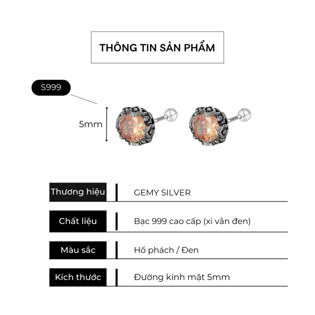 Khuyên tai nam thanh thẳng bạc S999 mặt nụ đá 3 màu Stephen cực ngầu (1 chiếc) | GEMY SILVER KN149