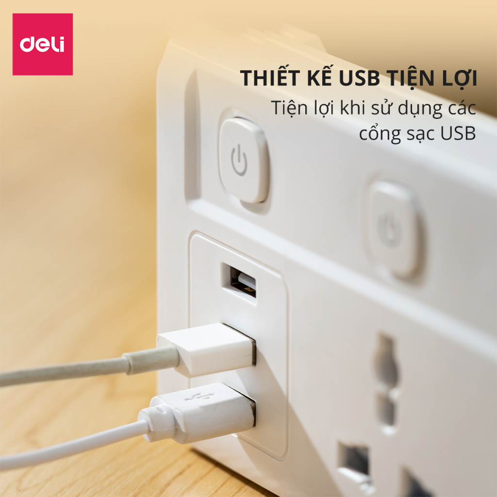 Ổ Cắm Điện DELI từ 2-12 Lỗ Cắm - Tích Hợp Cổng USB Type C Công Suất 2500W - 3250W Chống Giật An Toàn