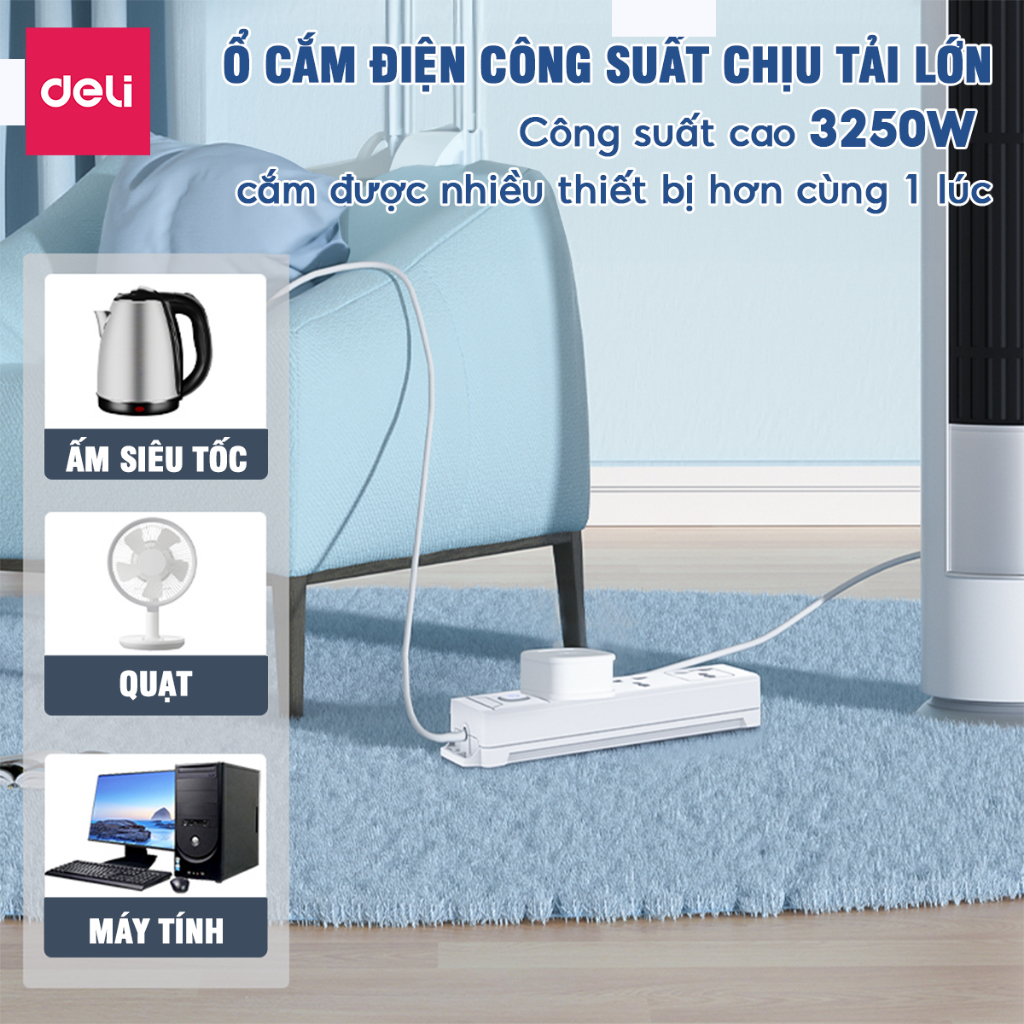 Ổ Cắm Điện DELI từ 2-12 Lỗ Cắm - Tích Hợp Cổng USB Type C Công Suất 2500W - 3250W Chống Giật An Toàn