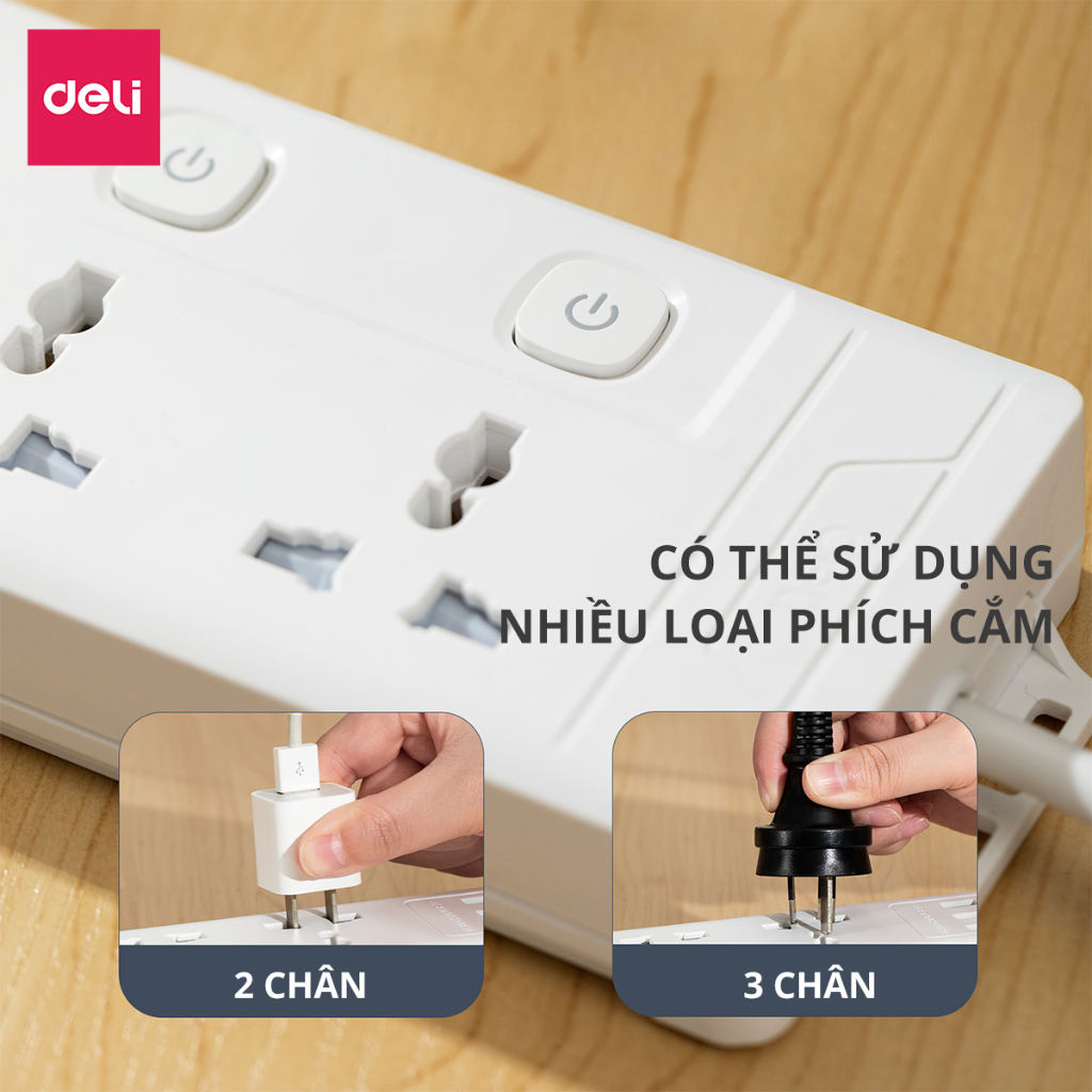 Ổ Cắm Điện DELI từ 2-12 Lỗ Cắm - Tích Hợp Cổng USB Type C Công Suất 2500W - 3250W Chống Giật An Toàn