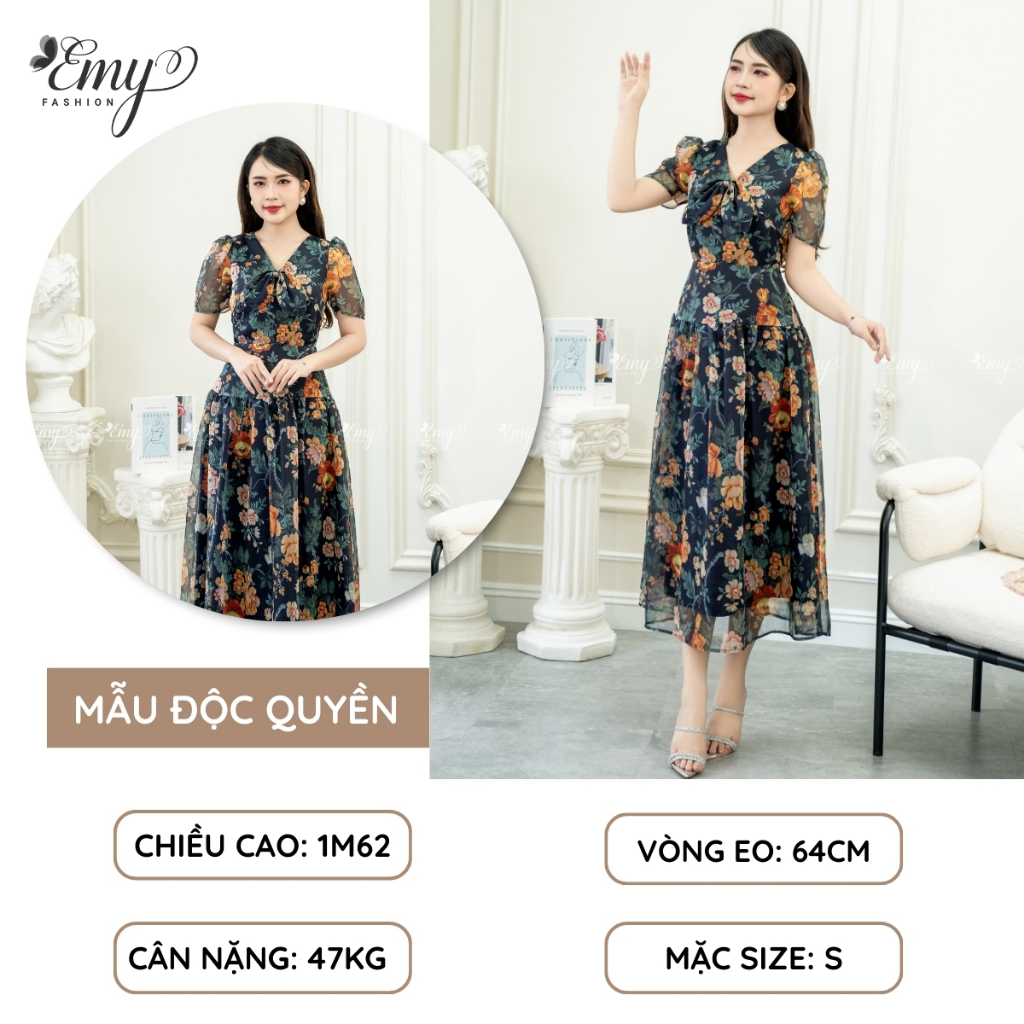 Ảnh Đầm EMY EM7589 Xoè Voan Hoa Cổ Nơ Nhún Tùng 2