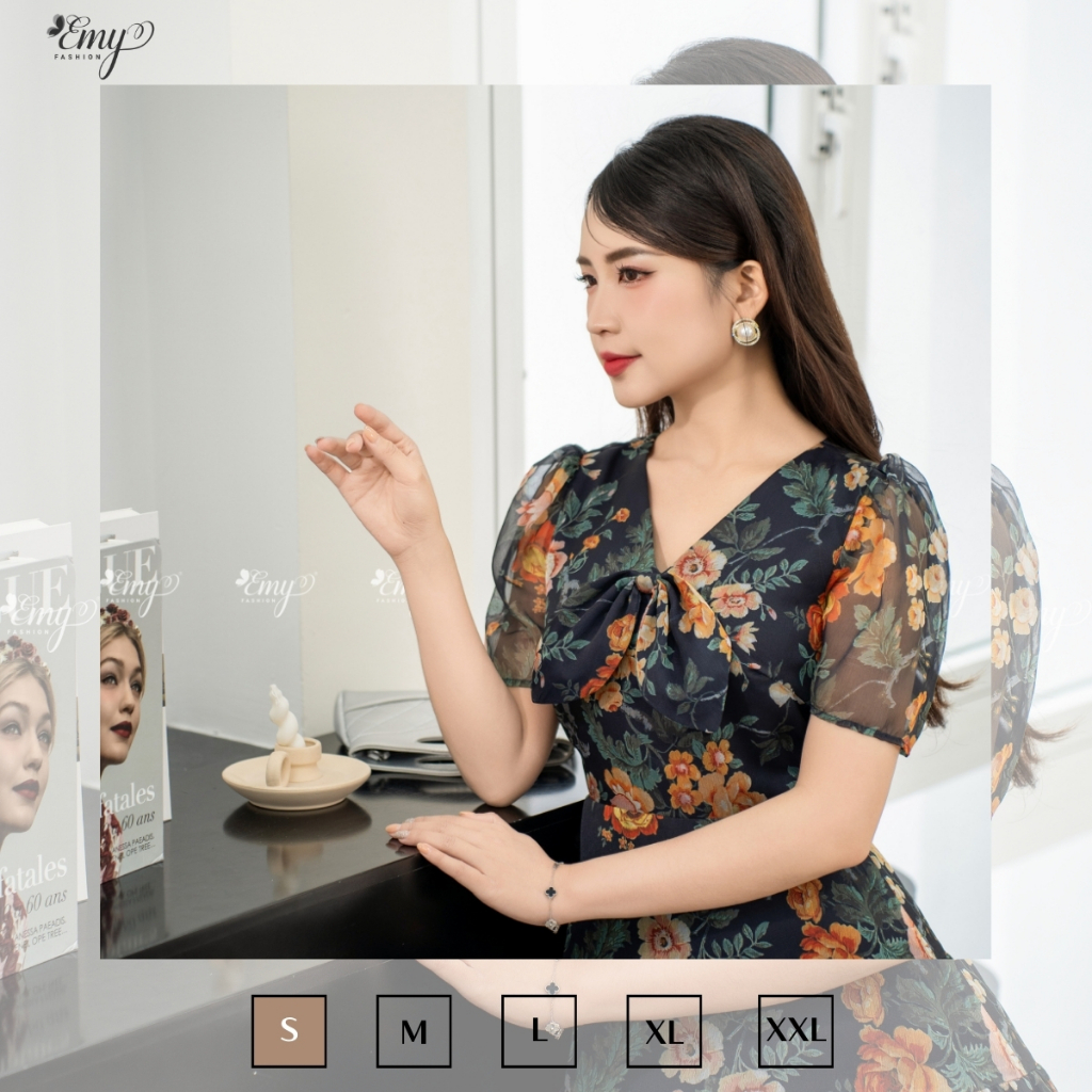 Ảnh Đầm EMY EM7589 Xoè Voan Hoa Cổ Nơ Nhún Tùng 3