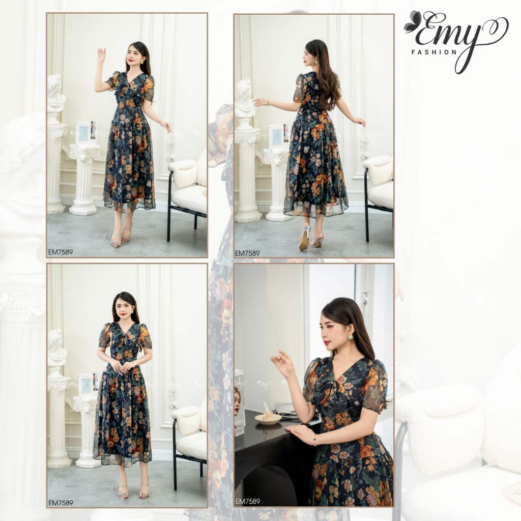 Ảnh Đầm EMY EM7589 Xoè Voan Hoa Cổ Nơ Nhún Tùng 4