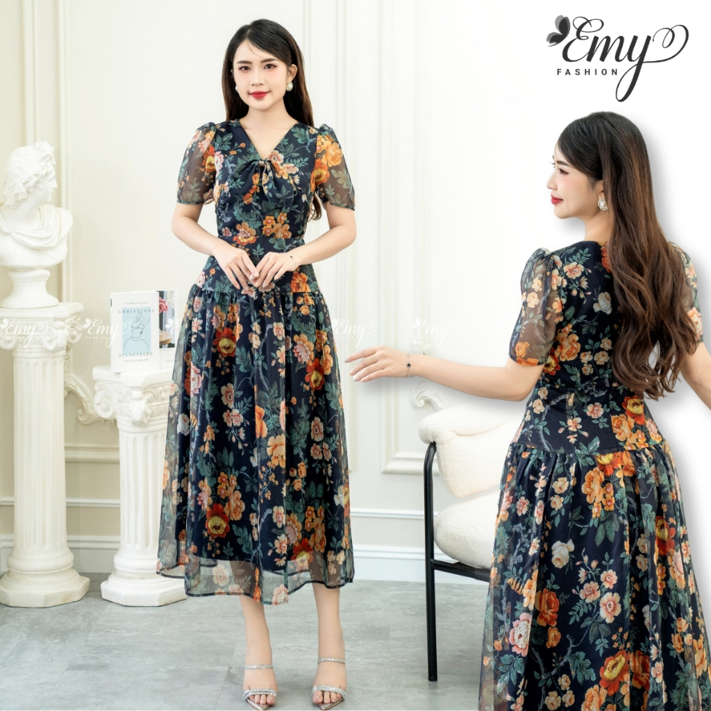 Ảnh Đầm EMY EM7589 Xoè Voan Hoa Cổ Nơ Nhún Tùng 1