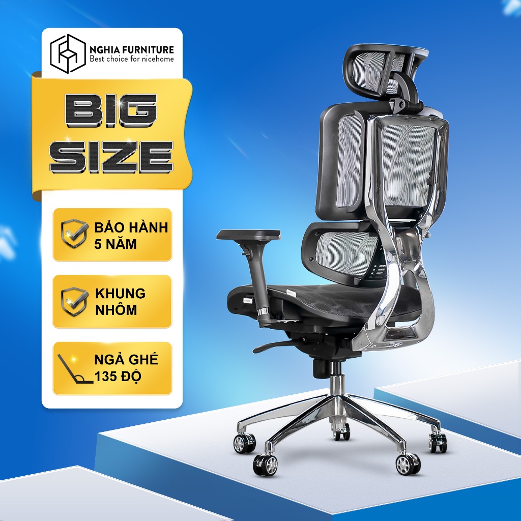 Ảnh Ghế công thái học Nghia Furniture Ergonomic Life 02 điều chỉnh tựa lưng 5 cấp, big size 1