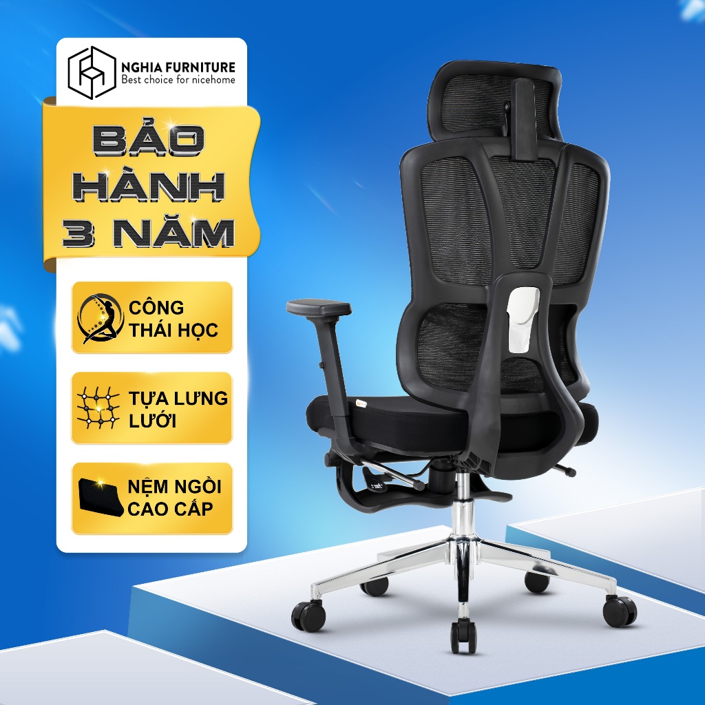 Ảnh Ghế công thái học Nghiafurniture Joy-h, bảo hành 3 năm, lưới thoáng khí, ngả ghế 120 độ 1