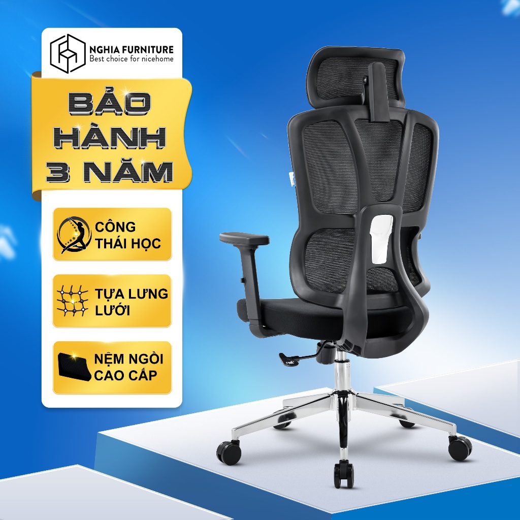 Ảnh Ghế công thái học Nghiafurniture Joy-h, bảo hành 3 năm, lưới thoáng khí, ngả ghế 120 độ 2