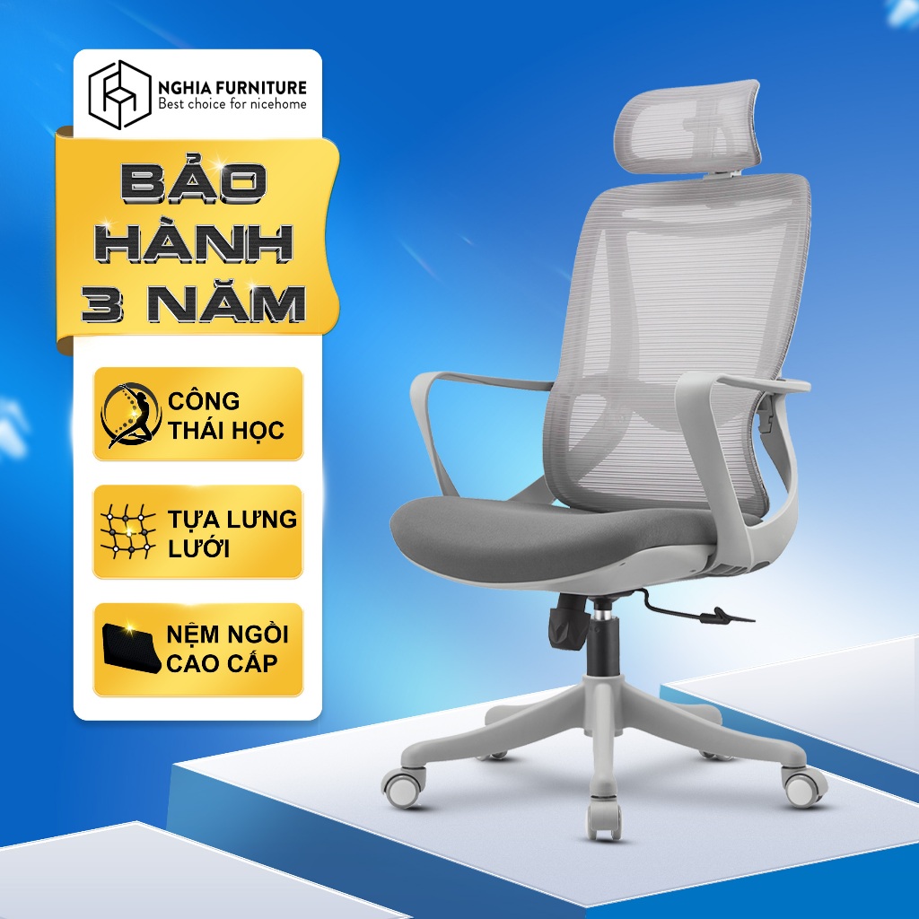 Ảnh Ghế văn phòng công thái học Nghiafurniture Niko, Nâng hạ, ngả lưng, nệm cao cấp, bảo hành 3 năm 1