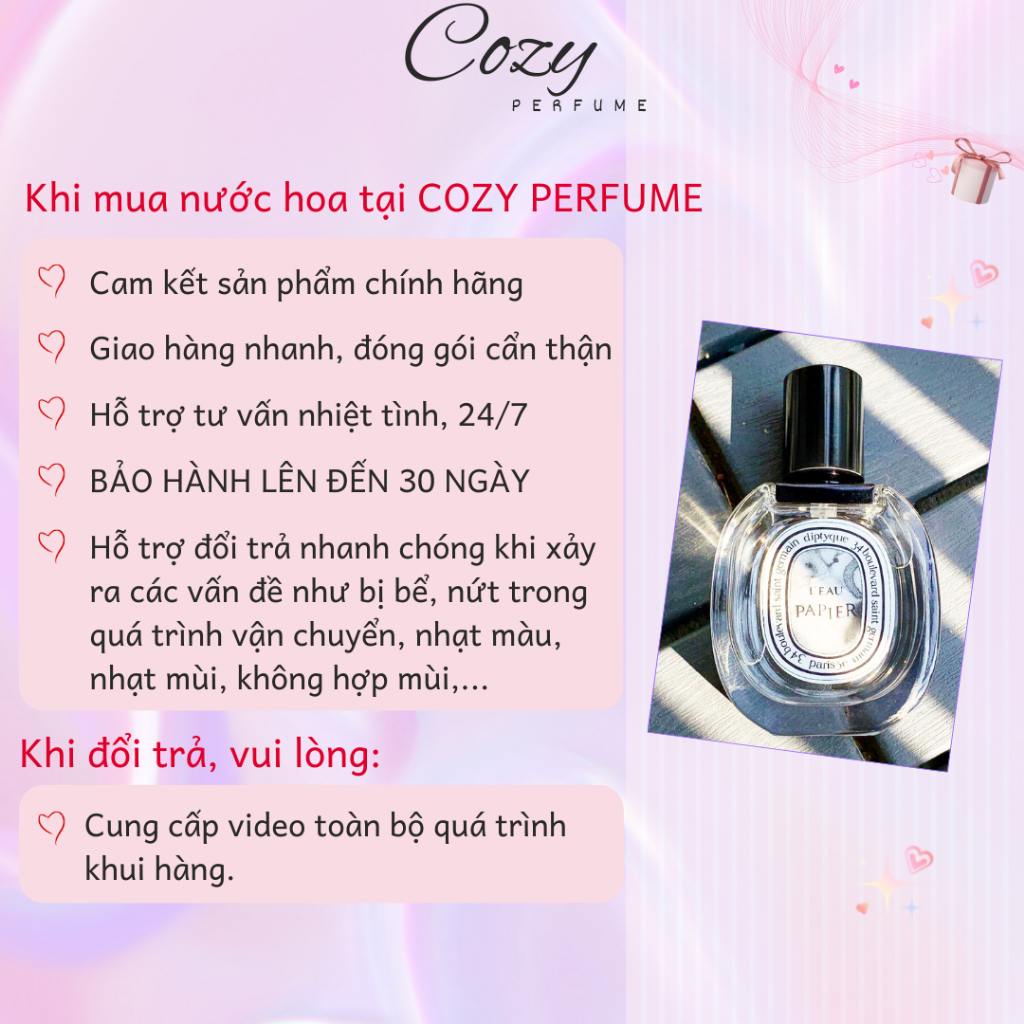 Nước hoa unisex Diptyque L’eau papier Chiết 5ml/10ml Hương thơm Thanh tao, Mơ màng - Cozy Perfume