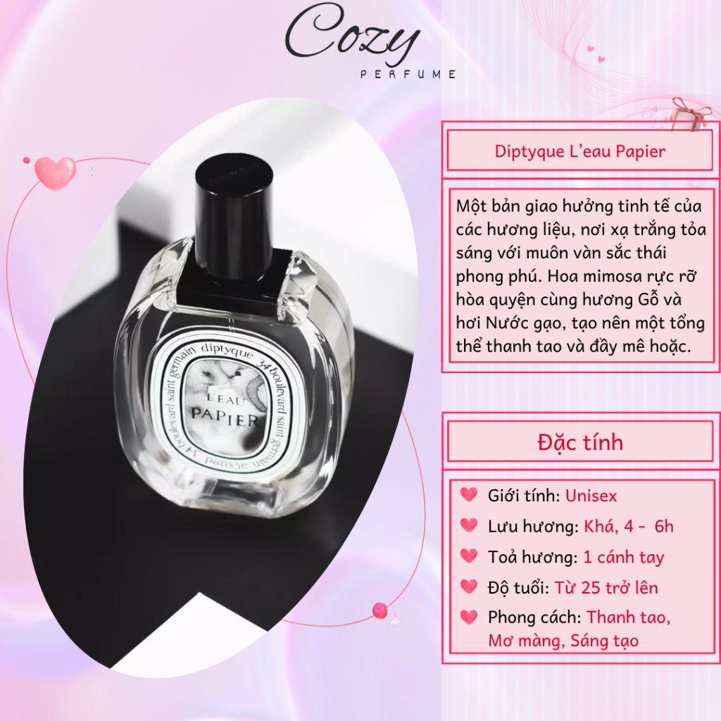 Nước hoa unisex Diptyque L’eau papier Chiết 5ml/10ml Hương thơm Thanh tao, Mơ màng - Cozy Perfume