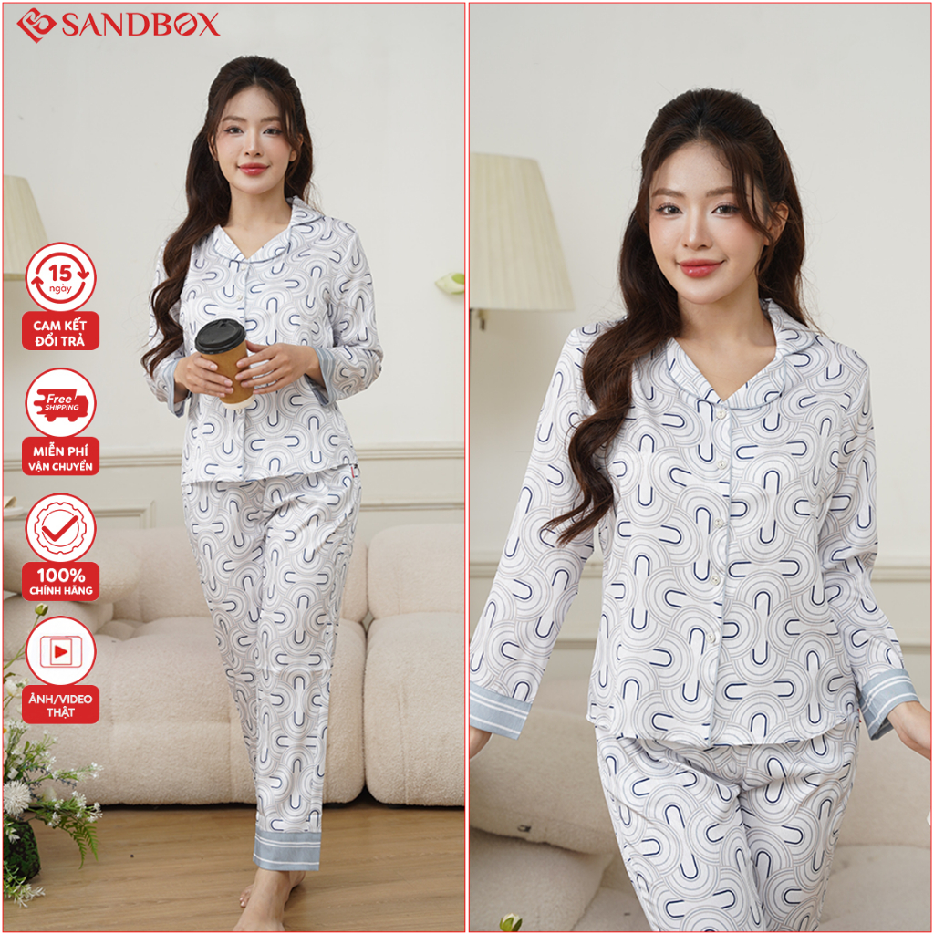 Ảnh Đồ Bộ Nữ Pijama Dài Tay SANDBOX Lụa Xước Cao Cấp Họa Tiết Nhẹ Nhàng, Sang Trọng (BPD24006) 4