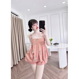 đồ bộ ngủ đùi 2 dây thiết kế đính nơ in hoạ tiết xinh xắn, (DB92)