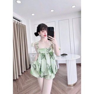 đồ bộ ngủ đùi 2 dây thiết kế đính nơ in hoạ tiết xinh xắn, (DB92)